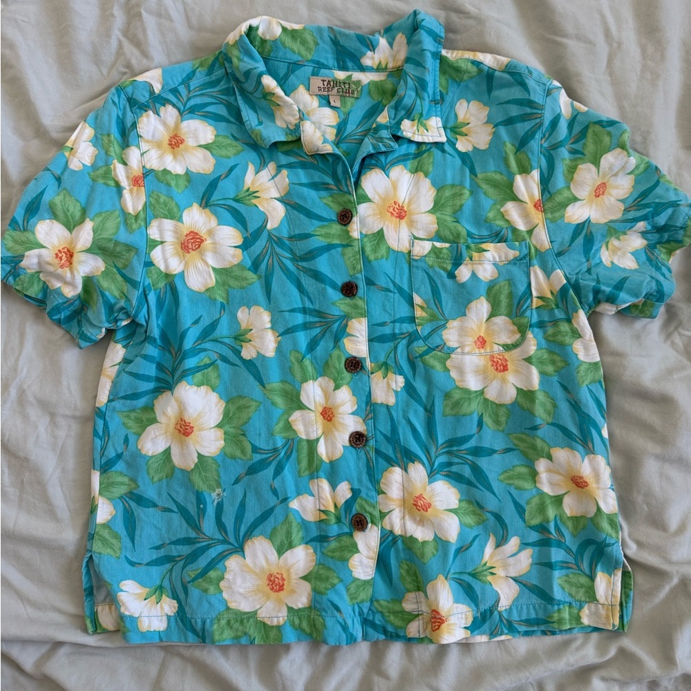Vintage Women’s Hawaiian Shirt Size Large Tahiti Reef Club FLAWS